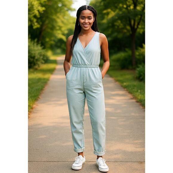 Vintage Style Light Wash Denim Jumpsuit Small Sleeveless V-Neck Casual Romper - Picture 1 of 9